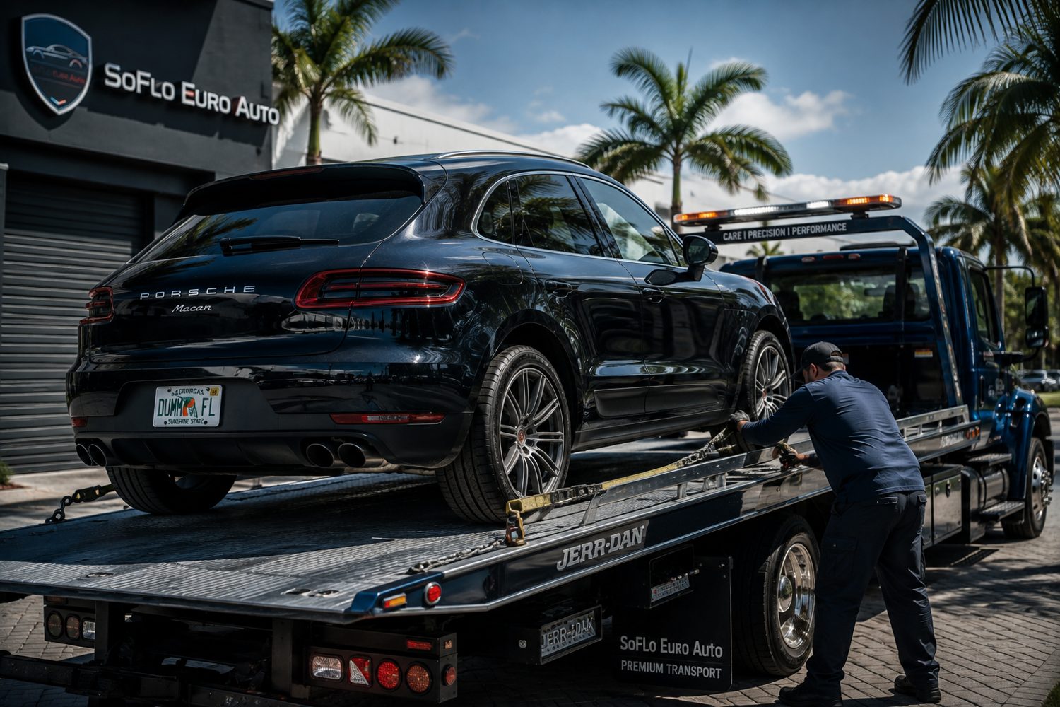 SoFlo Euro Auto flatbed towing a Porsche to the Coral Springs shop